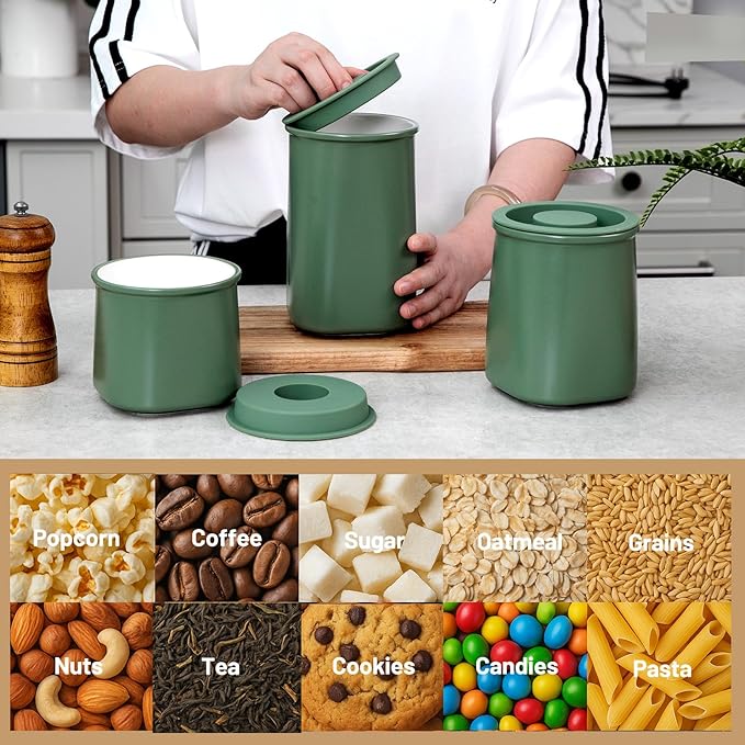 Nucookery Canisters Sets for the Kitchen Countertop, 3 Pcs Ceramic Jar with Silicone Lid, 40oz, 30oz, 20oz Food Storage Containers for Flour, Sugar, Coffee, Grains,Tea, Cookies, Dry Food Organization
