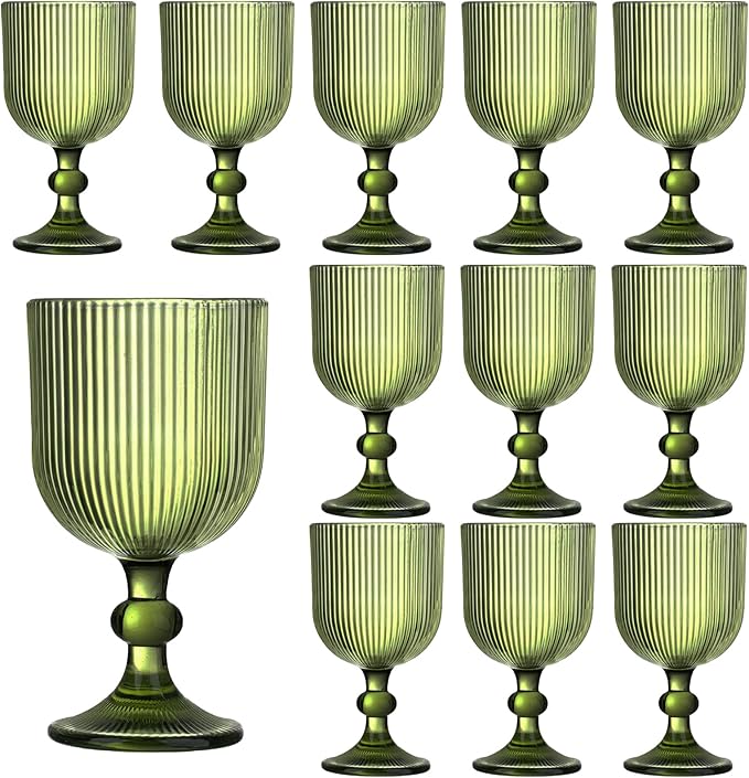 12 Pcs Green Vintage Wine Glasses, 11 Ounces Colored Glass Water Goblets, Unique Embossed Pattern High Clear Stemmed Glassware Wedding Party Bar Glass Drinking Cups Fancy Glasses Vertical Line Set