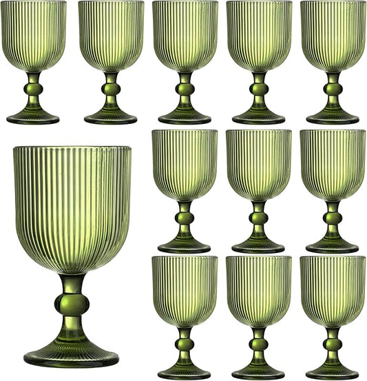12 Pcs Green Vintage Wine Glasses, 11 Ounces Colored Glass Water Goblets, Unique Embossed Pattern High Clear Stemmed Glassware Wedding Party Bar Glass Drinking Cups Fancy Glasses Vertical Line Set