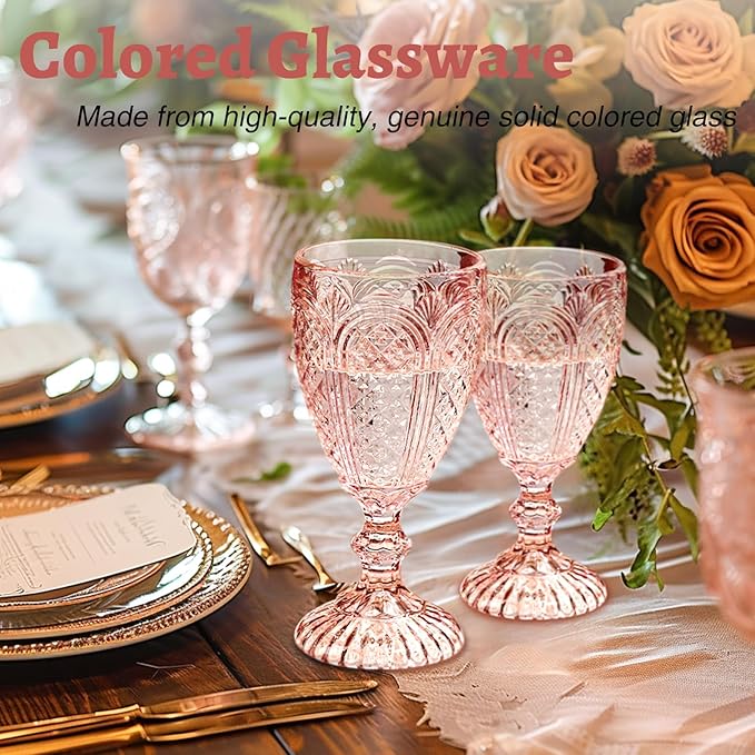 Pink Wine Glasses set of 6,colorful glass goblets made from Solid glass colors, Vintage Pink Glassware, Drinking glasses for Wedding, Birthday,Engagement or fancy glassware for everyday.