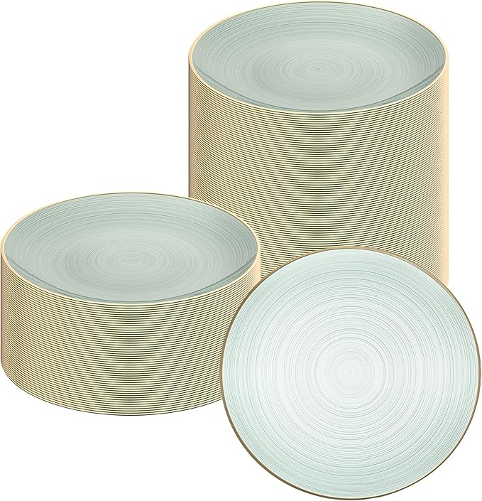 Restaurantware Plastic Plates 20 Pcs 10" Gold Rimmed Disposable Plates Heavy-Duty Green Translucent Rippled Plastic Dinner Servers for Party, Weddings, Salads, Desserts, and Appetizers