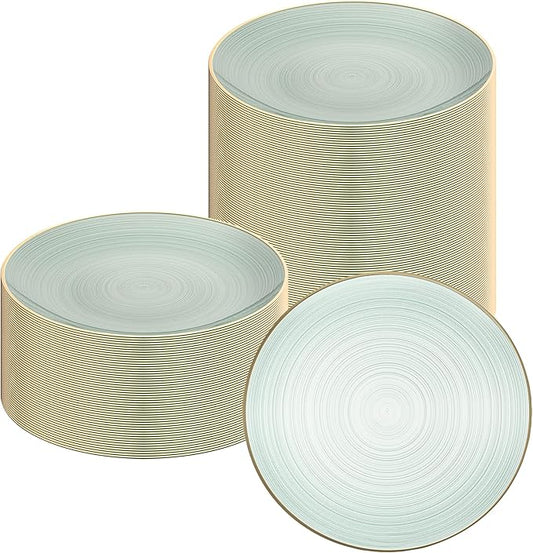Restaurantware Plastic Plates 20 Pcs 10" Gold Rimmed Disposable Plates Heavy-Duty Green Translucent Rippled Plastic Dinner Servers for Party, Weddings, Salads, Desserts, and Appetizers
