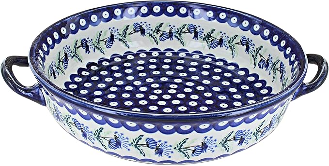 Blue Rose Polish Pottery - Blue Sweet Annie Round Casserole with Handles - 10.25" Diameter - Unique, Dishwasher Safe, & Durable Bakeware