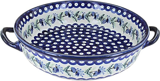 Blue Rose Polish Pottery - Blue Sweet Annie Round Casserole with Handles - 10.25" Diameter - Unique, Dishwasher Safe, & Durable Bakeware