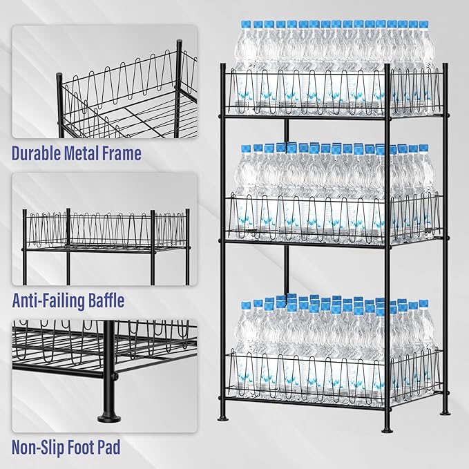 smusei 3 Tier Drink Organizer for Pantry Water Bottle Storage Rack, Multifunctional Drink Storage Free Standing Bottled Water Holder Beverage Soda Can Tumbler Dispenser Stand for Kitchen