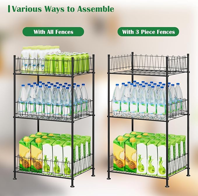 Water Bottle Organizer 3 Tier Water Bottle Holder Storage Rack Metal Drink Beverage Soda Can Organizer Shelf Stand for Floor Pantry Kitchen Classroom Food Storage, Black