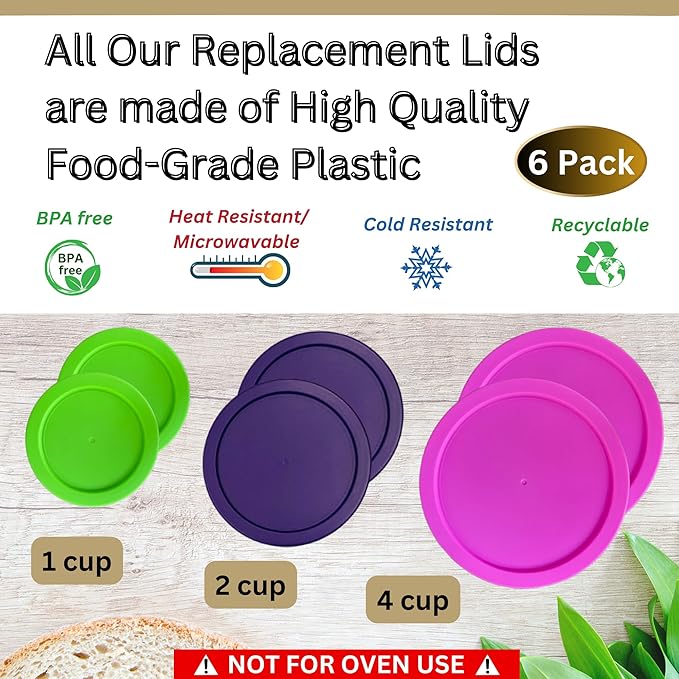 1, 2 & 4 Cup Round Plastic Replacement Lids for Pyrex, Anchor Hocking & KlareWare *Containers Not Included* (Spring Green, Purple, Pink, 6-Pack)