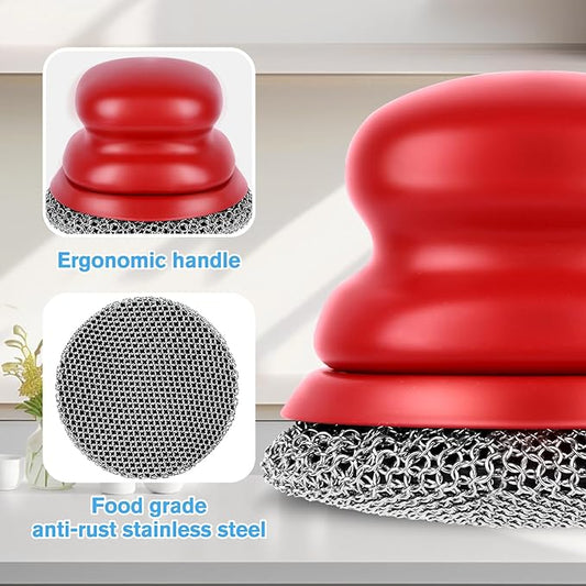 Onewly Cast Iron Scrubber and Scraper, Chain Mail Scrubber Cast Iron for Cleaning Dishes, Stock Pots, Pans, Griddles, Grills, Dish Scouring Pads