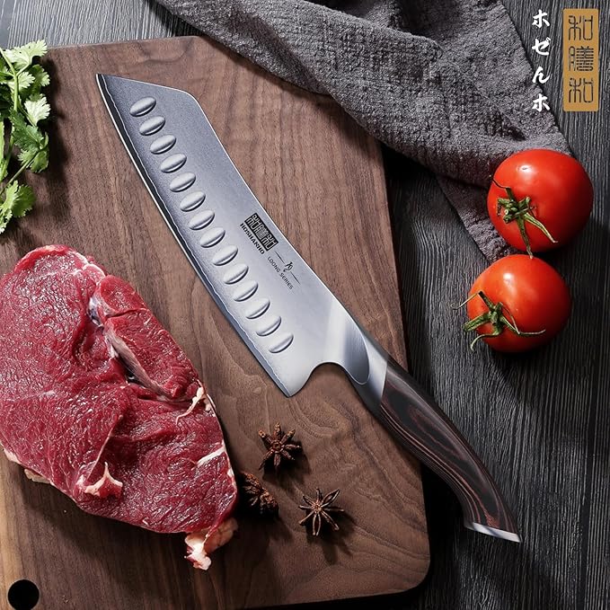 7 Inch Japanese Chef Knife, Ultra Sharp High Carbon Stainless Steel Kitchen Knife, Professional Santoku Knives with Ergonomic Pakkawood Handle