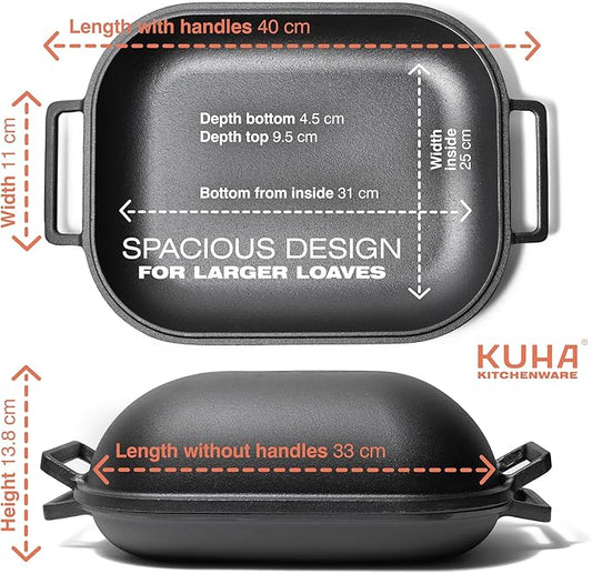 KUHA Cast Iron Bread Pan with Lid + Bread Lame - Black Heavy Duty Cast Iron Loaf Pan for Homemade Breadmaking - Pre-seasoned Bread Oven