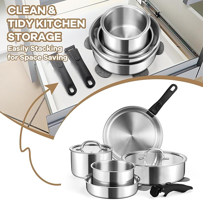 E-far 9pcs Stainless Steel Cookware Set, 3-Ply Pots and Pans Set w/Detachable Handle & Lid, Induction Cookware Kitchen Cooking Set for RV Camping, Nontoxic Whole Clad Frying/Saute/Sauce Pan, Oven Safe