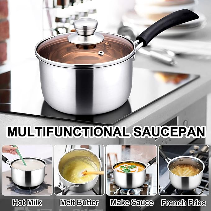 LIANYU 1QT & 2QT & 3QT Saucepan Set with Lids, 18/10 Stainless Steel Sauce Pan Cookware Sets, Kitchen Cooking Small Pots with Long Heatproof Handle, Easy Clean & Dishwasher Safe