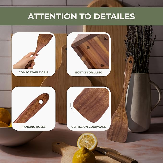 XXL Wooden Utensil Set – 13 Piece Acacia Wood Cooking Tools with Square Holder for Nonstick Cookware with Holder & Spoon Rest – Wooden Spoons for Cooking, Spatula, Spurtle