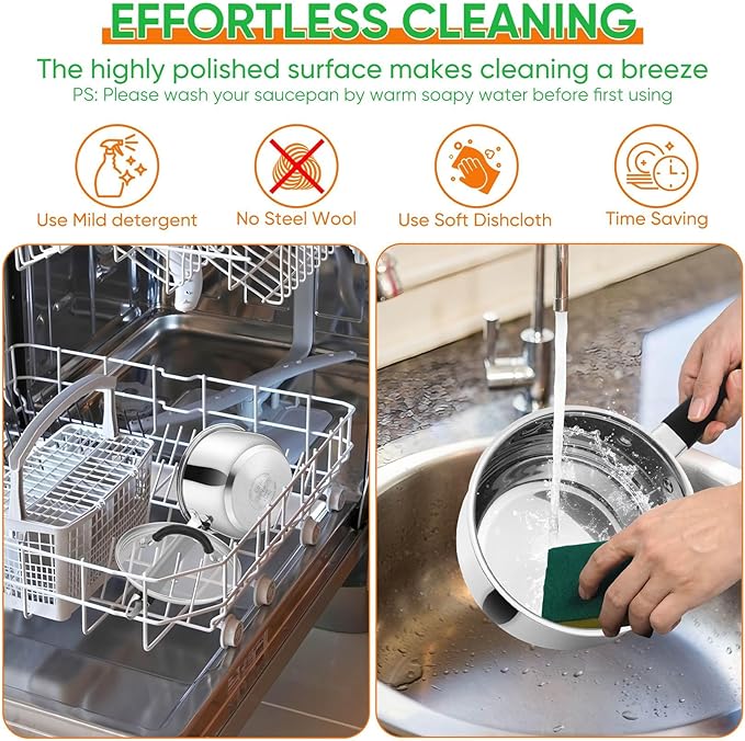 P&P CHEF 2 Quart Sauce Pan with Lid, Stainless Steel Saucepan, Small Milk Pot for Multipurpose Cooking, Visible Glass Lid & Stay-cool Silicone Handle & Tri-Ply Base, For All Stoves & Dishwasher Use