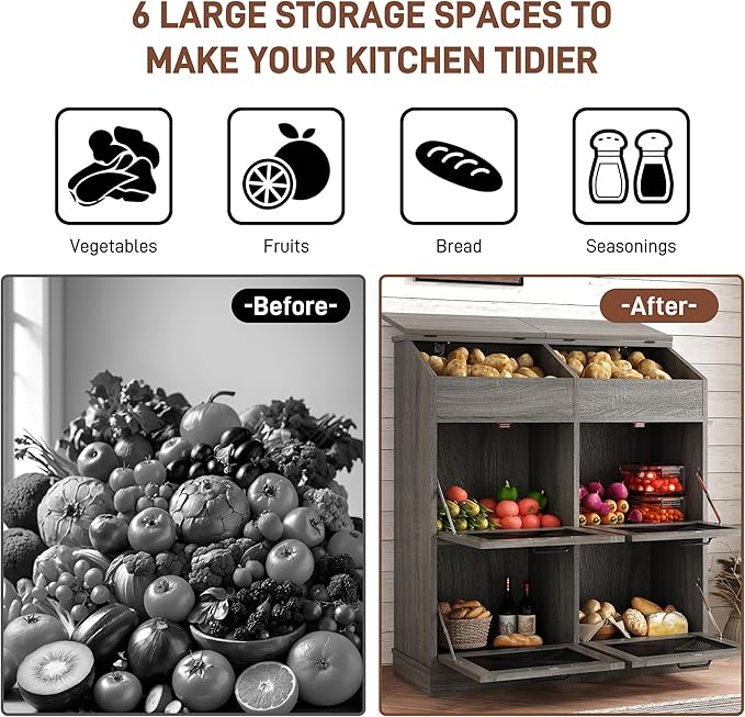 Large Wood Veggie Bin for Potato,Bread,Onion With 6 Large Storage Space. Root Vegetable Storage Box For Kitchen, Farmhouse Wood Potato Box With 4 Mesh Doors,32 * 12.4 * 36IN(Grey)