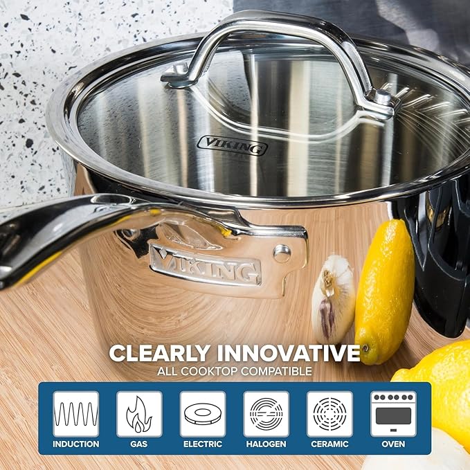 Viking Stainless Steel Kitchen Essentials Bundle – 3-Piece Cookware Set with 8 Cooking Utensils, 4.8 Qt Sauté Pan & Lid, 3.4 Qt Sauce Pan & Lid – Induction Ready, Oven & Dishwasher Safe