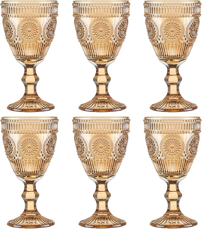 Vintage Wine Glasses Set of 6, 10 Ounces Colored Glass Water Goblets, Unique Flower Embossed Pattern High Clear Stemmed Glassware Wedding Party Bar Glass Drinking Cups Flower Amber Fancy Glasses