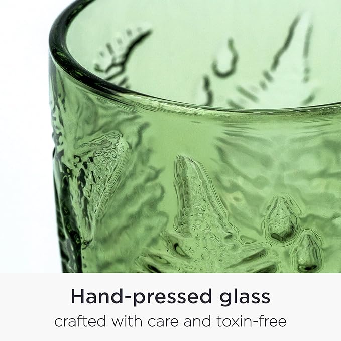 Vintage Drinking Glasses Set Of 4-10 oz Textured Green Glass Cups, Cute Green Glassware for Home & Bar, Retro Style Embossed Drinkware, Unique Decorative Cocktail Cup Sets - Heavy Duty & Durable