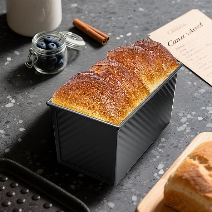 pullman loaf pan with lid - bread pans for homemade bread - 1Lb Non-Stick loaf baking pans - Carbon Steel Toast Box with Oven Mitts(set of 2)