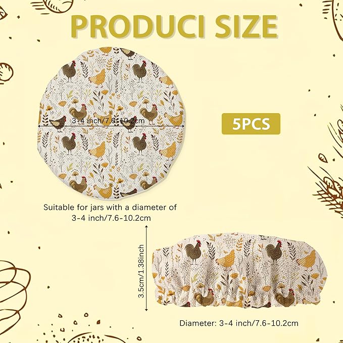 Roosters Wild Flowers Sourdough Starter Jar Covers Reusable,Breathable Fabric Lids for Mason Jars,Wide Mouth and Regular Mouth(5 Pack)