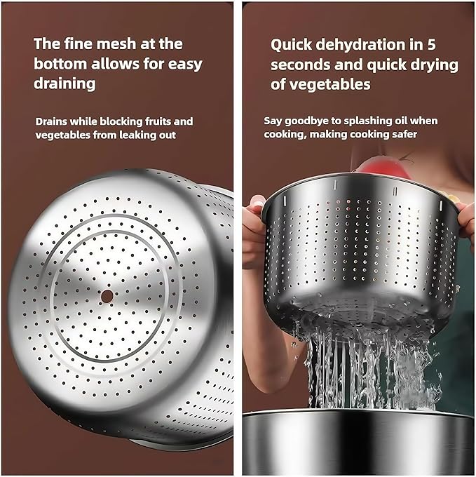 Salad Spinner Stainless Steel, Metal Salad Spinner, Salad Spinner Large, 6L with PP Cover, Essential Kitchen Tool for Dehydrating Lettuce, Fruits and Vegetables, Pasta and French Fries
