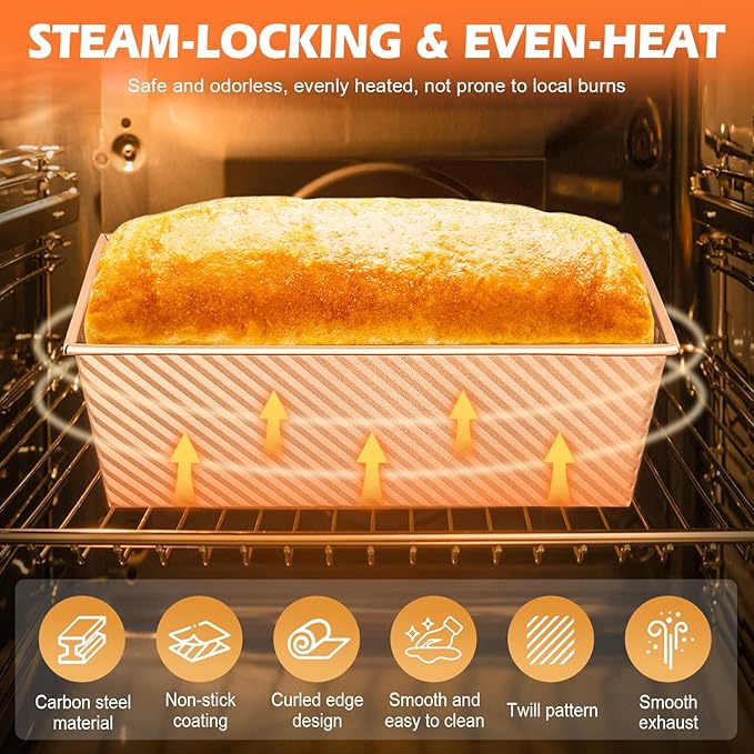 2Pack Pullman Loaf Pans with Lids – 2.2 LB & 1 LB Dough Capacity, Non-Stick Carbon Steel Bread Pans for Homemade Sandwich and Sourdough Bread, Corrugated Toast Mold