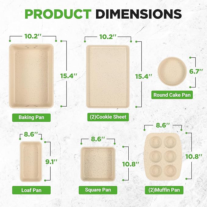 NutriChef 8-Piece Stackable Bakeware Set - Carbon Steel Non-Stick Baking Pan Set, Sheet, Muffin, Round, Loaf, Square Cake & Deep Pans, 450°F Heat Resistant, Standard & Convection Ovens (Marble Cream)