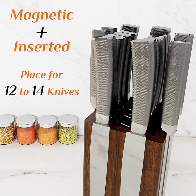 360° Rotating Magnetic Knife Block without Knives - Universal Holder for Counter Top with Removable Bristles, Acacia Wood