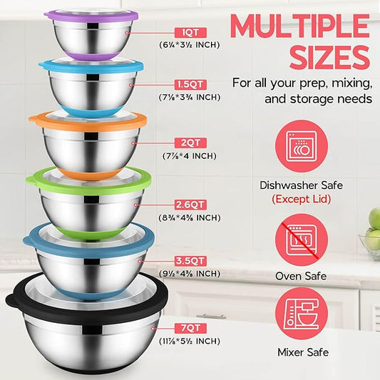 Onader Colorful Mixing Bowl Set of 6 for Kitchen, Large Stainless Steel Metal Nesting Mixing Bowls with Airtight Lids, Non Slip - Size 1, 1.5, 2, 2.6, 3.5, 7QT