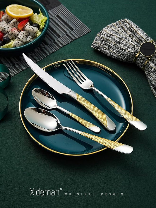 16 Piece Hammered Silver Gold Silverware Set, Modern Golden 18/10 Stainless Steel Flatware Set, Kitchen Utensil Set Service for 4, Tableware Cutlery Set, Knives Forks Spoons Set