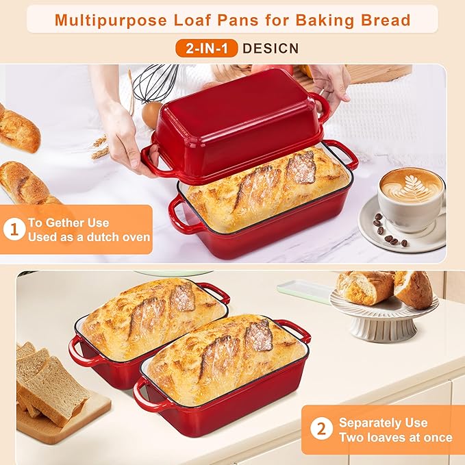 GRMImosa 2 in 1 Cast Iron Loaf Pan wiht Lid, Bread Loaf Pans for Baking Bread 9x5, Sourdough Bread Baking Pan for Homemade Bread, Meatloaf, Cherry