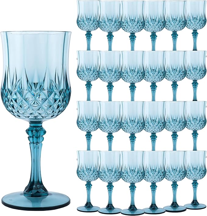 Plastic Wine Glasses,Plastic Goblets Vintage Style Cordial Drinking Glasses for Wedding Reception, Grand Event Party Supplies (24, Dusty Blue)