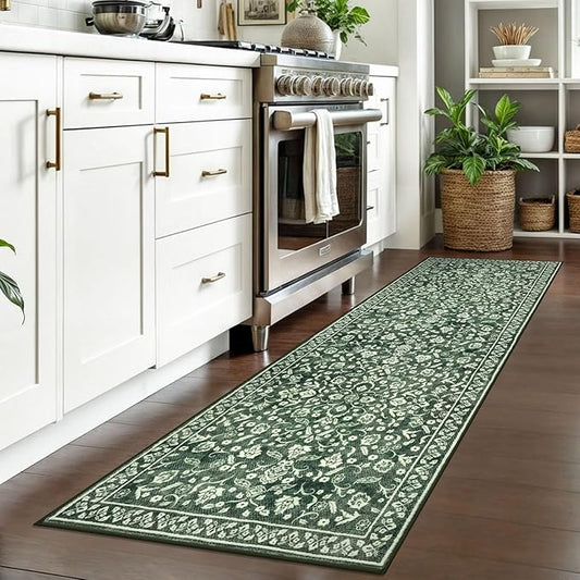 Vintage 2x7 Runner Rug, Forest Green Washable Runners for hallways, Super Soft Kitchen Runner Rug Non Slip, Print Faux Wool Floral Thin Carpet Runner for Entryway Indoor Bedside Runner