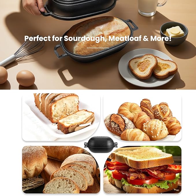 Cast Iron Loaf Pan with Lid-Bread Baking Pan for Sourdough,Pre-Seasoned Oval Dutch Oven, 9 x 5-4/5 Inch Loaf Pans for Homemade,Heavy Duty with Even Heating