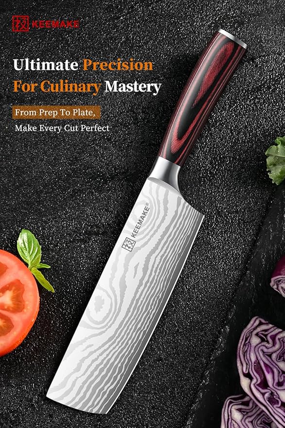 KEEMAKE Nakiri Knife Meat Cleaver: 7 Inch Razor Sharp Chef Kitchen Knife for Cutting Vegetable Cooking Knives - Multipurpose High Carbon Stainless Steel with Pakkawood Handle, Gift box and Sheath
