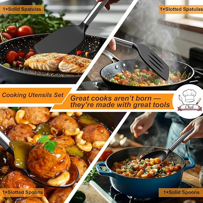 Yoehka Silicone Cooking Utensils Set for Nonstick Cookware, 4Pcs Heat Resistant Kitchen Silicone Spatula and Spoon Set with Stainless Steel Handle, Mixing, Flipping, Turning, Stirring, Black