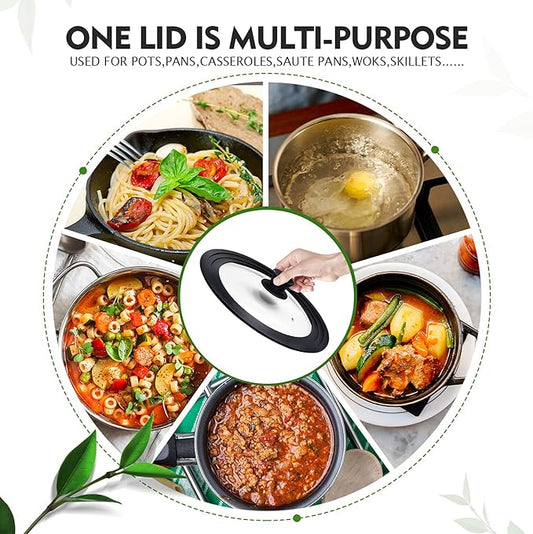 Universal Lid for Pots, Pans and Skillets, Pot Lid With Heat Resistant Silicone Rim and Tempered Glass,Fits 6.5", 7", 8" Diameter Pots and Pans