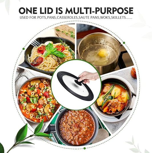 Universal Lid for Pots, Pans and Skillets, Pot Lid With Heat Resistant Silicone Rim and Tempered Glass,Fits 10", 11", 12" Diameter Pots and Pans