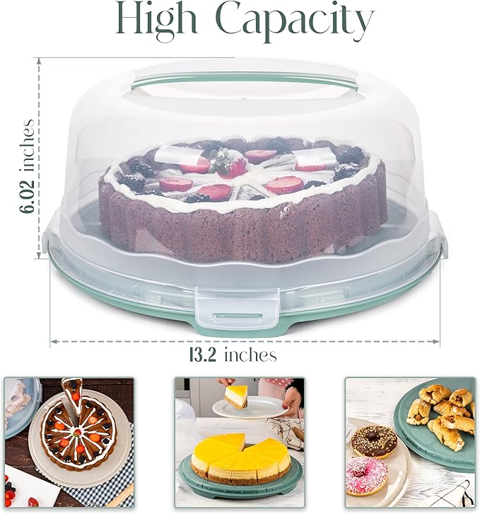 13 Inch Cake Carrier with Locking Lid and Handle, Stylish Big Round Container for Kitchen Storage, BPA Free Stand, Plastic Holder for Transporting, Donuts, Cupcakes, Pies (2 Colors Set, 13 in)