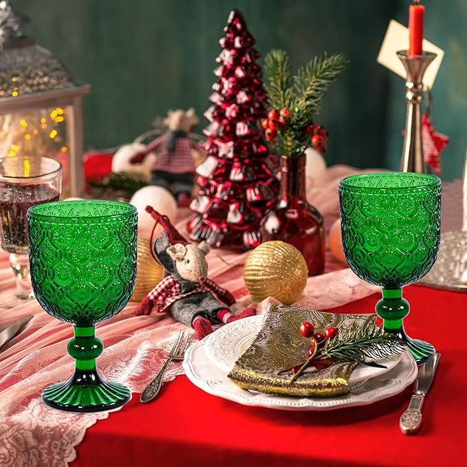 Vintage Wine Glasses Set of 6, 12 OZ Christmas Green Glass Water Goblets, Embossed Floral Decorative Crystal Glass Cups Set, Dishwasher Safe, for Wedding, Party, Red Wine Glass, Bars, Restaurants