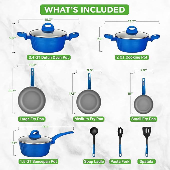 NutriChef 12-Pc Blue Nonstick Cookware Set - Professional Pots & Pans with Durable Coating, All Cooktops Compatible, Including Induction