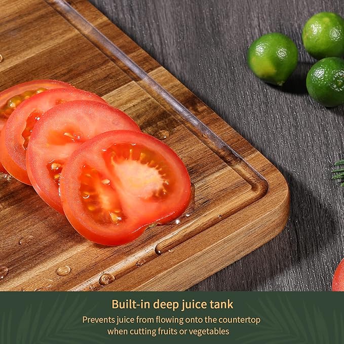 Wood Cutting Boards Set of 3 for Kitchen, Thick Chopping Board, Large Wooden Cutting Board Set with Deep Juice Groove and Handles, Wooden trays for meat, fruit and cheese