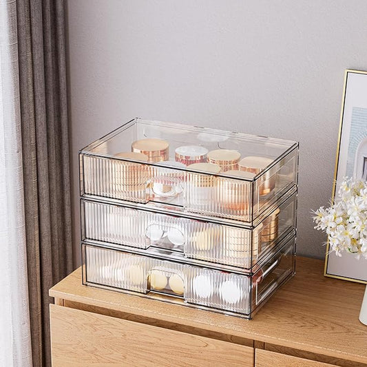 ZHIAI Stackable Storage Drawer, 3 Piece Acrylic Organiser for Cosmetics and Beauty Products, Suitable for Dressers, Bathrooms, Cabinets, Storage Rooms, Bedrooms and Home Organisers