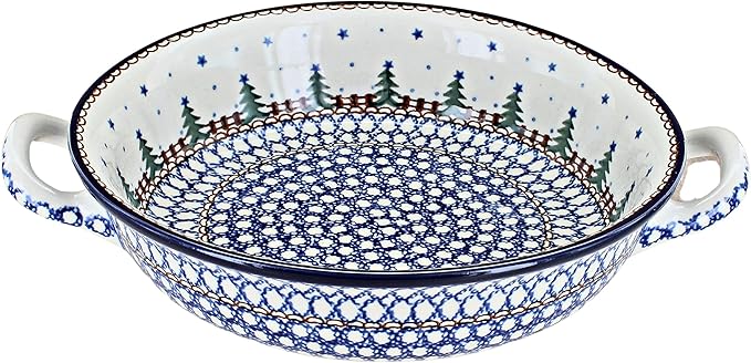 Blue Rose Polish Pottery - Blue Rustic Pines Small Round Casserole with Handles - 8.25" Diameter - Unique, Dishwasher Safe, & Durable Bakeware
