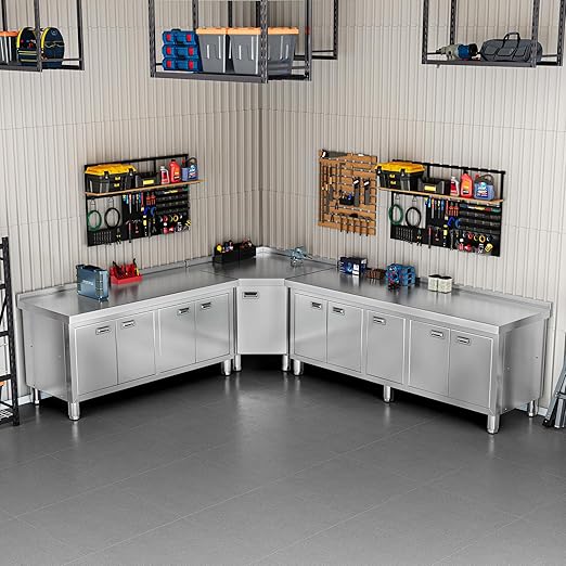 WWK 70" x 21" Stainless Steel Table with Cabinet, Commercial Kitchen Table for Prep & Work, Heavy Duty Work Cabinet with 5 Doors for Outdoor, Kitchen, Restaurant, Hotel, Garage and Cafe