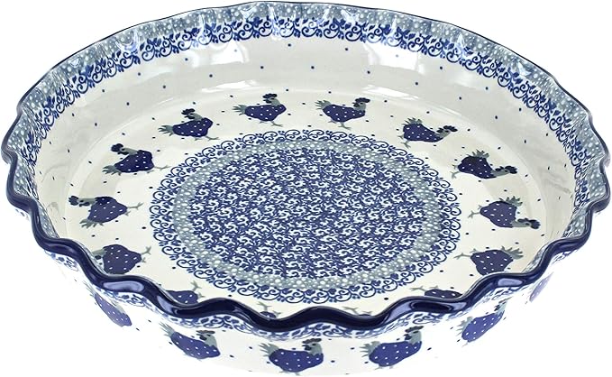 Blue Rose Polish Pottery - Blue Barnyard Rooster Pie Plate - 10" Diameter - Ceramic Baking Dish, For Pies, Quiches & Desserts