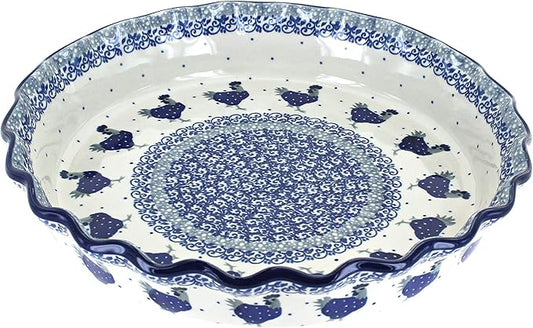 Blue Rose Polish Pottery - Blue Barnyard Rooster Pie Plate - 10" Diameter - Ceramic Baking Dish, For Pies, Quiches & Desserts