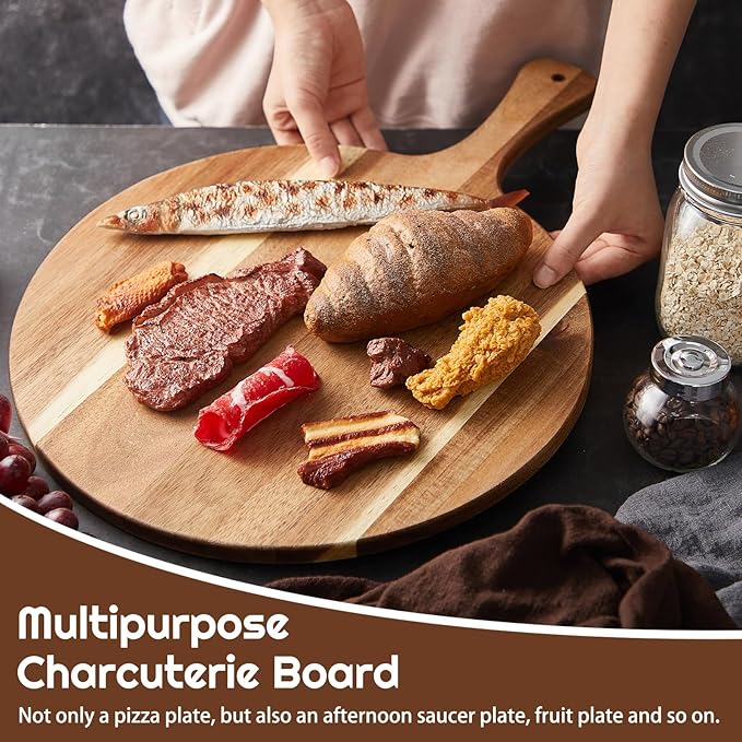 Sliner 6 Pcs Acacia Wood Round Cutting Board Bulk 0.6 Inch Thick Charcuterie Board with Handle Large Wooden Chopping Paddle for Cutting Pizza Cheese Meat Fruit(12 x 16 Inch)