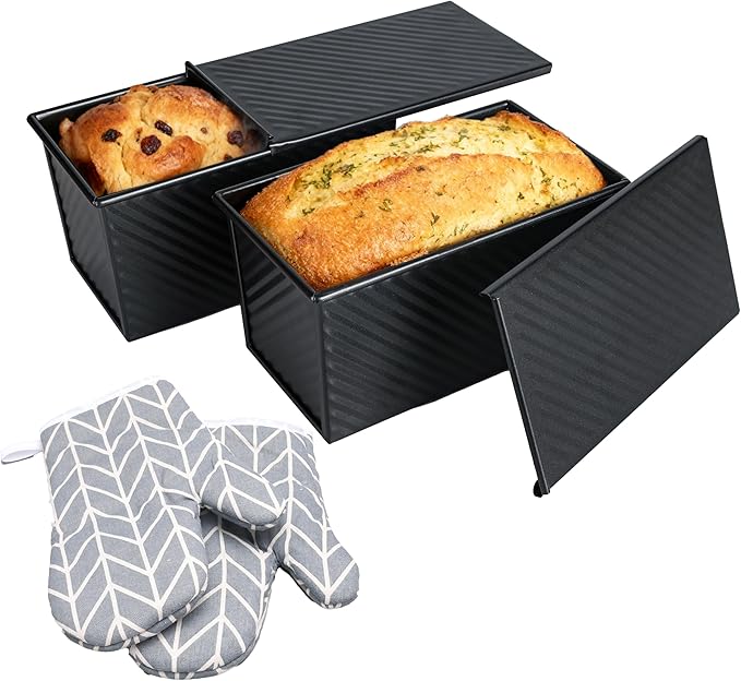 pullman loaf pan with lid - bread pans for homemade bread - 1Lb Non-Stick loaf baking pans - Carbon Steel Toast Box with Oven Mitts(set of 2)