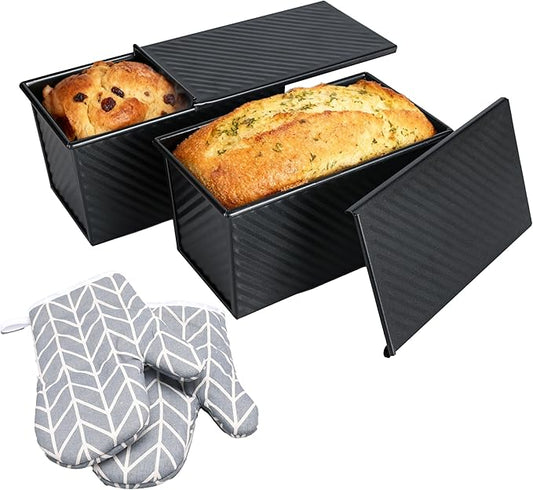 pullman loaf pan with lid - bread pans for homemade bread - 1Lb Non-Stick loaf baking pans - Carbon Steel Toast Box with Oven Mitts(set of 2)